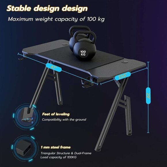 New 47 Inch Gaming Computer Desk - Ergonomic Carbon Fiber PC Table, Large Desk - Picture 7 of 10